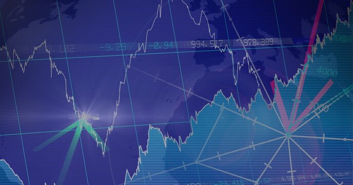 Composition of financial data processing over world map