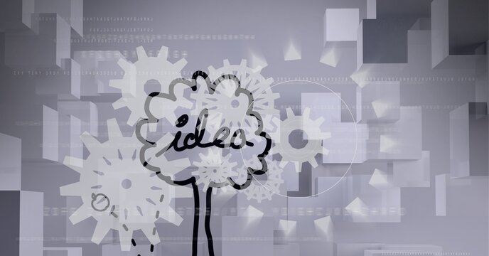 Composition of idea text, white cogs over 3d blocks on grey background