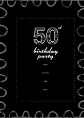 Composition of 50th birthday party text with copy space and grey pattern on black background