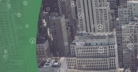 Composition of network of connections with icons and green curved banner over cityscape