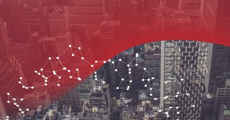Composition of network of connections with red curved banner over cityscape