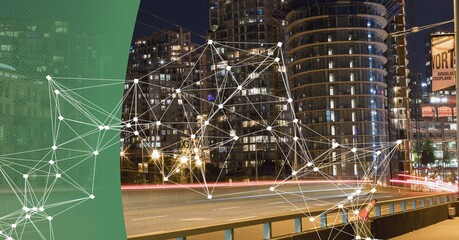 Composition of network of connections with green curved banner over cityscape