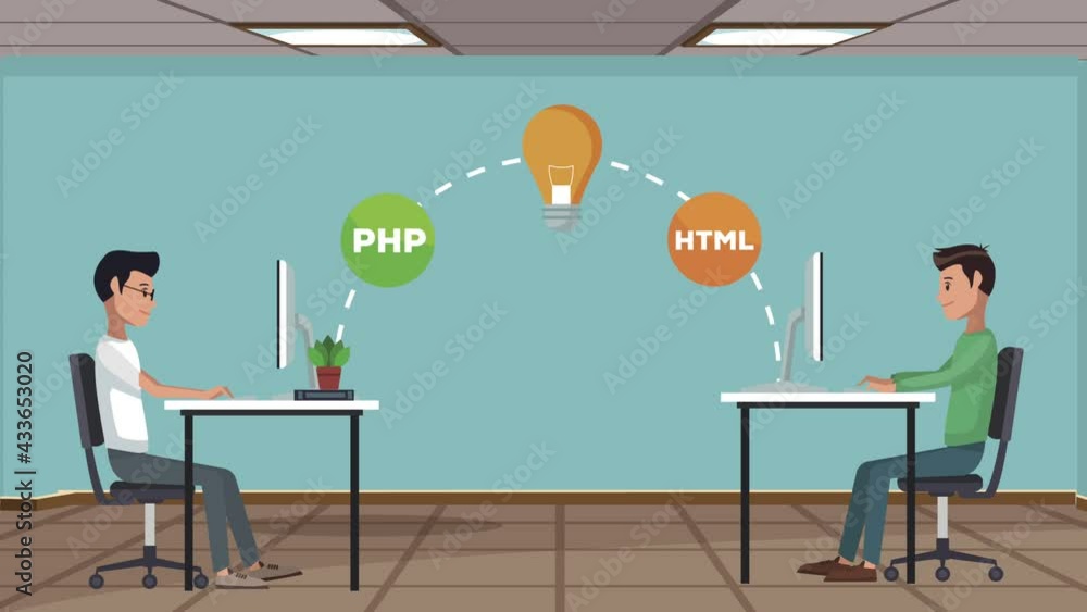 Poster workers using desktops with bulb