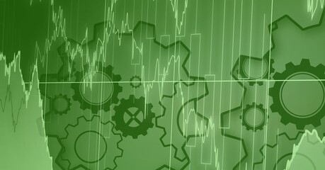 Composition of green financial data processing on screen over cogs