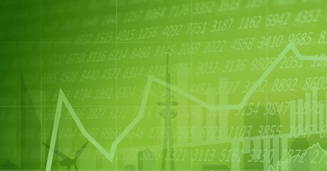 Composition of green financial data processing on screen over cityscape