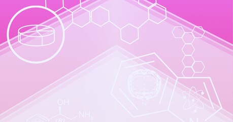 Composition of white chemical compounds structures on white and pink background