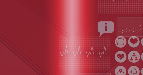 Composition of digital medical icons processing with copy space on red background