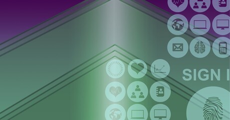 Composition of digital medical icons processing with copy space on green background
