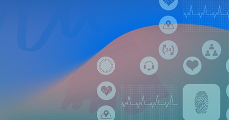 Composition of digital medical icons processing with copy space on red and blue background
