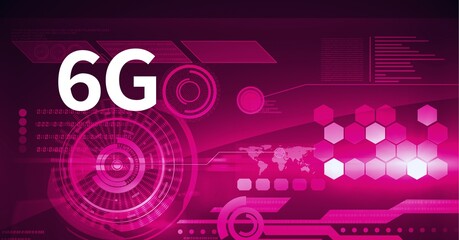 Composition of 6g text over scopes scanning and data processing over hexagons on pink background