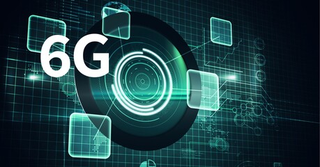 Composition of 6g text over scope scanning and screens on green background