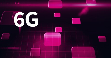 Composition of 6g text over pink screens over grid on pink background