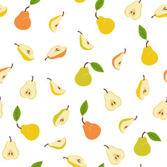 Seamless pattern from fresh sweet pears whole, halves. Vitamin juicy fruits. Bright summer colorful flat vector illustration for textiles, clothes, wrapping and wall paper isolated on white background