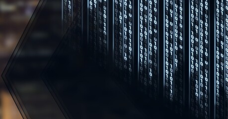 Composition of binary coding over arrow and out of focus cityscape