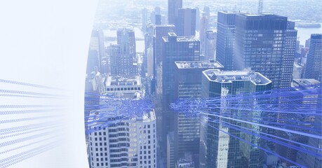 Composition of blue light trails of data and information over cityscape and white edge