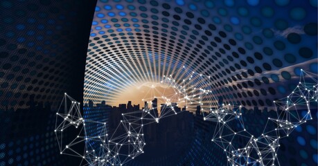 Composition of network of white global connections over spots and cityscape background