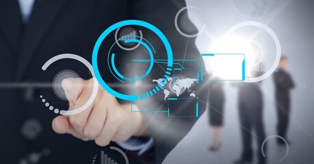 Composition of businessman touching interactive screen with scopes and data processing