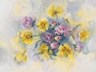 Yellow tulips and pink peonies watercolor background