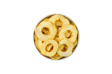 dried apple slices in a bowl on a white background