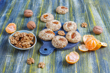 Delicious homemade walnut and jam cookies.