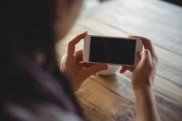 Midsection of woman using smartphone with blank screen, taking photos