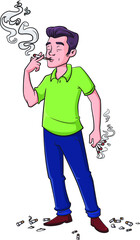 Cartoon vector illustration of a man chain smoking