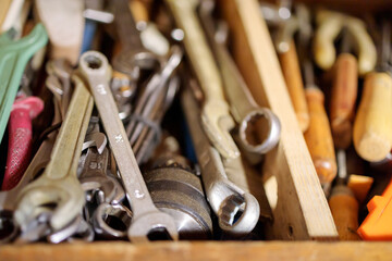 wrenches, pliers, screwdrivers are in the box, close-up