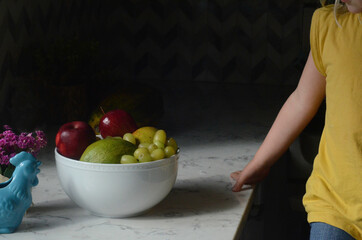 Still Life of Bowl of Fruit and Hand