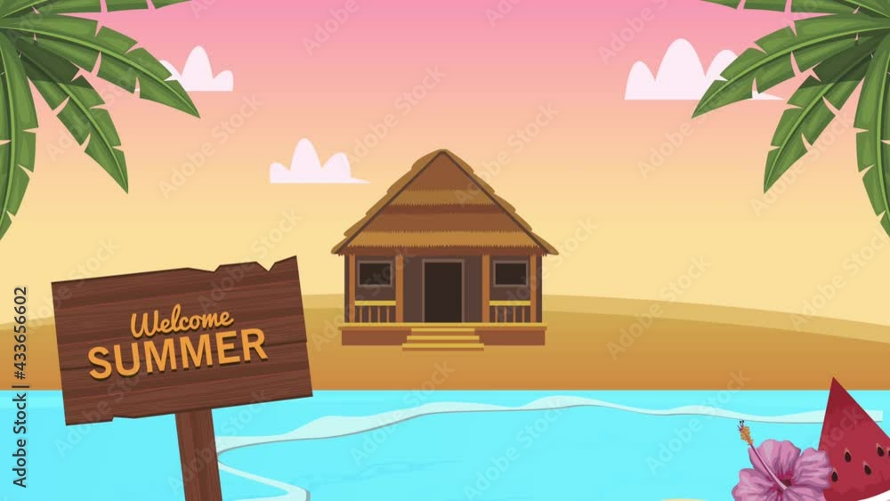 Wall mural welcome summer lettering in wooden label with cabin