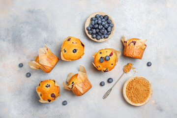 Fototapeta na wymiar Fresh homemade delicious blueberry muffins.