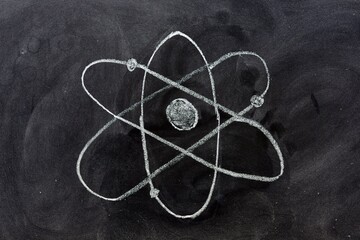 Símbolo del átomo dibujado con tiza en una pizarra