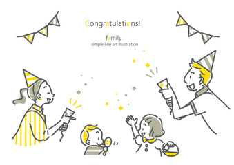 お祝いパーティをする仲良し家族のシンプルでお洒落なフレーム風イラスト