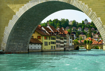 Views of  streets, river, houses and roofs of the old town Bern, Switzerland