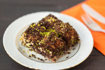 Traditional Turkish new dessert cold milky baklava with pistachio