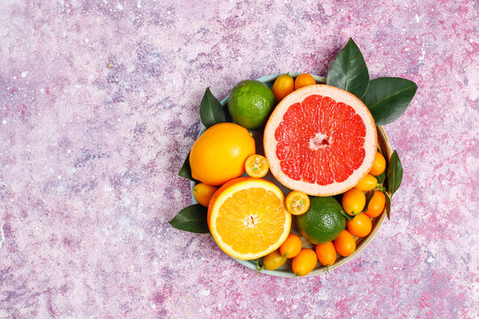 Assorted fresh citrus fruits,lemon,orange,lime,grapefruit,kumquats. © Husniyya