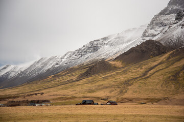 Close up of snow capped grey mountain top with green and tan earth tones and textures