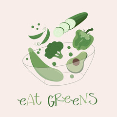 Vector image of green vegetables on a white background: zucchini, lettuce, cabbage, broccoli, peas. The inscription Eat greens. Poster or cover. Cartoon flat illustration.