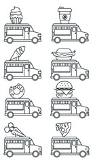Street food trucks flat vector illustrations set. Ready takeaway meal vehicles. Restaurant, cafe on wheels. Cars for selling hot dogs, pizza, coffee, popcorn isolated cartoon on white background