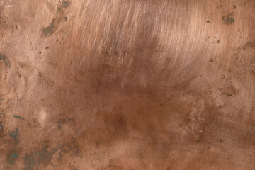 Texture of the old metal copper sheet. Scratches, oxidation spots, reflections. Copy space.