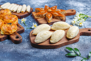 Traditional Azerbaijan holiday Novruz sweets,shekerbura,qogal,paxlava,mutaki.