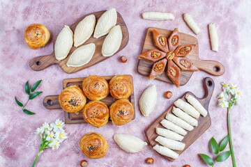 Traditional Azerbaijan holiday Novruz sweets,shekerbura,qogal,paxlava,mutaki.