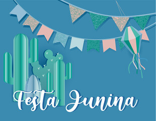 Festa Junina vector background with bunting flags, cactus and ballon. Paper cut style illustration.
