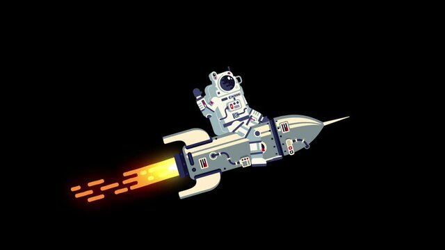 Astronaut riding a rocket. Space cowboy straddled the rocket. Looped animation with alpha channel.