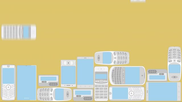 Motion animation of Old Mobile cell phone and New smartphones on yellow background. 8 generation of phones  loop. Screen phones evolution progress concept