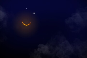 Fototapeta na wymiar Crescent moon and stars in the night sky.