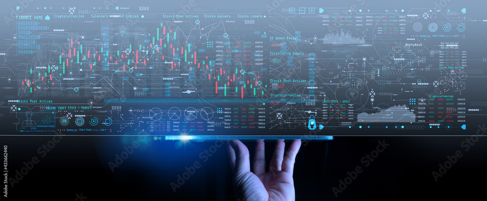 Aufkleber finance content marketing concept and digital marketing with person hand using a smart digital table