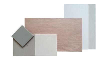 interior material board for presentation showing combination of grey and beige artificial stone ,oak wood veneer ,grey fabric laminated samples isolated on white background with clipping path. 