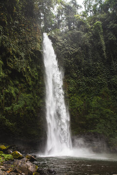 Amazing view of powerful cascade falling from rough stiff cliff in tropical park