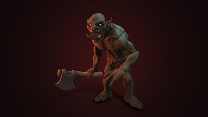 Fantasy character Troll Berserker in epic pose - 3D render on dark background