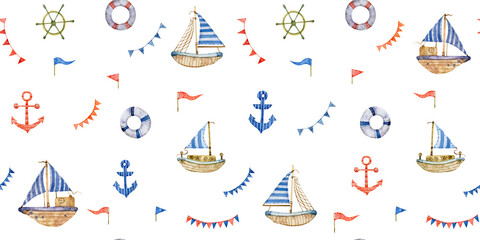 Obraz na płótnie Canvas Watercolor seamless hand drawn nautical pattern with vessels, ships, sailboats, anchors, wheel , lifebuoys, garlands of flags. Cute sea background for boys. Illustration isolated on white background.
